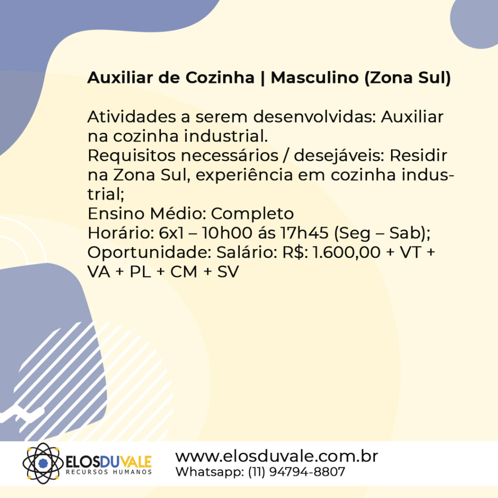 14 - Auxiliar de Cozinha - Masculino (Zona Sul)